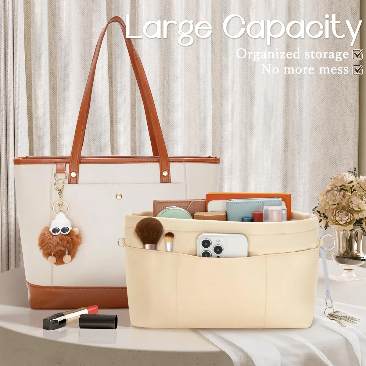 HyFanStr Nylon Organizer da Borsa Donna, Zip Interno Borsa Organizer, Beige Bag Organizer Piccolo