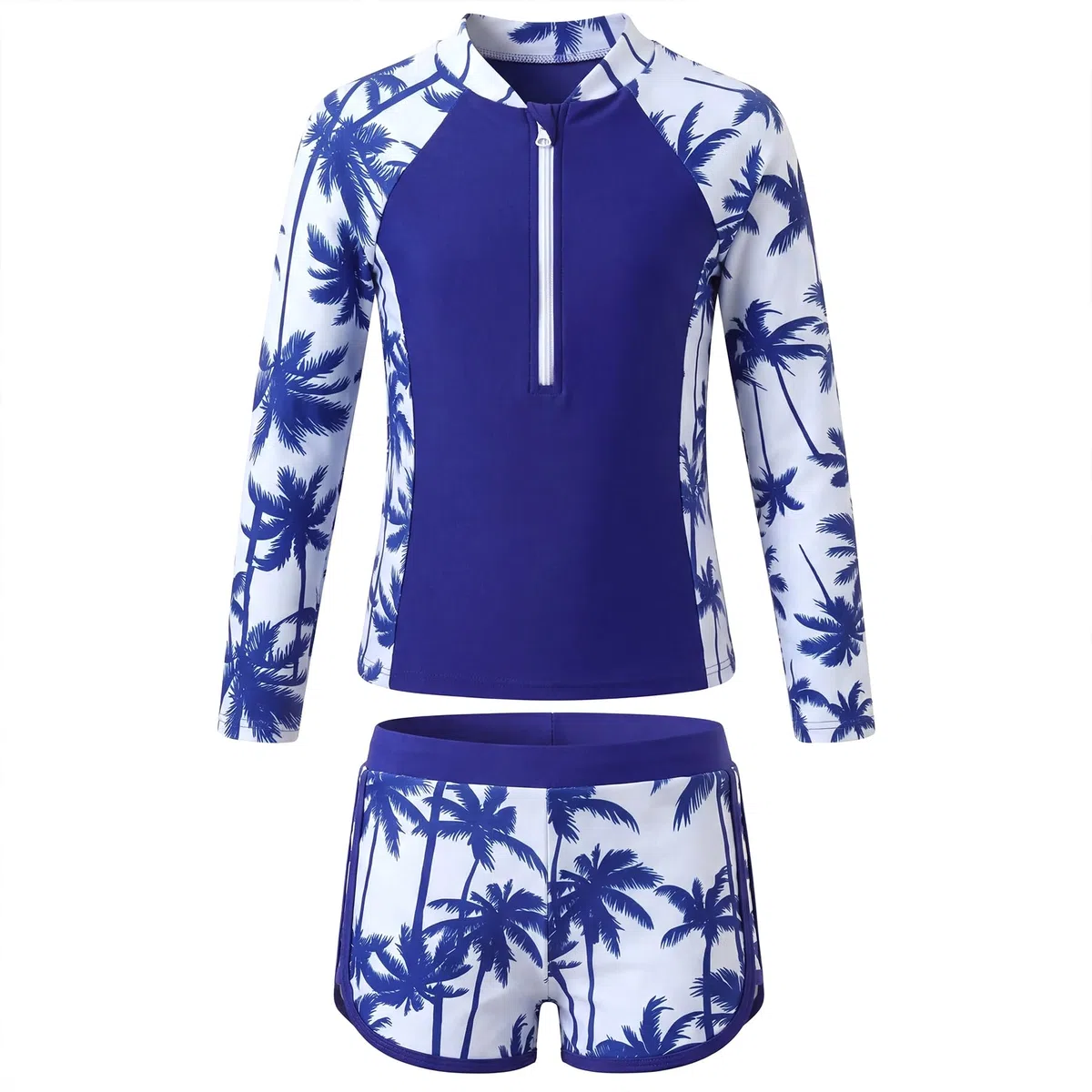 Costume da Bagno Ragazze 2 Pezzi a Manica Lunga con Zip e Pantaloncini Morbidi, Stampa Floreale Rash Guard Protezione Solare Costume Piscina Spiaggia Nuoto per Bambini 5-14 Anni