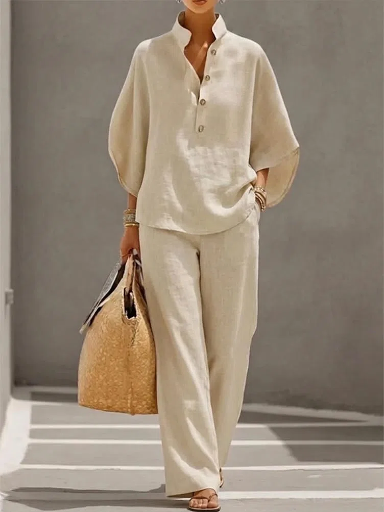 shownicer Completo Donna Lino Tuta Elegante Estiva 2 Pezzi Set Maniche a Tre Quarti Top E Pantaloni Curvy Completo in Lino Due Pezzi Set Completi Tute