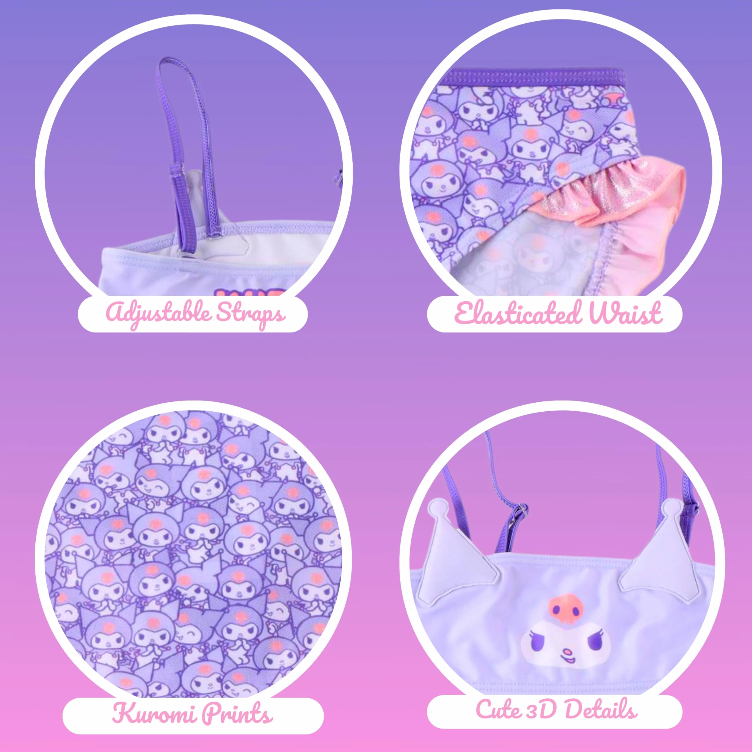 Hello Kitty Kuromi - Bikini da bambina, motivo glitterato, a due pezzi, estivo, per bambini, taglie 4-10 anni