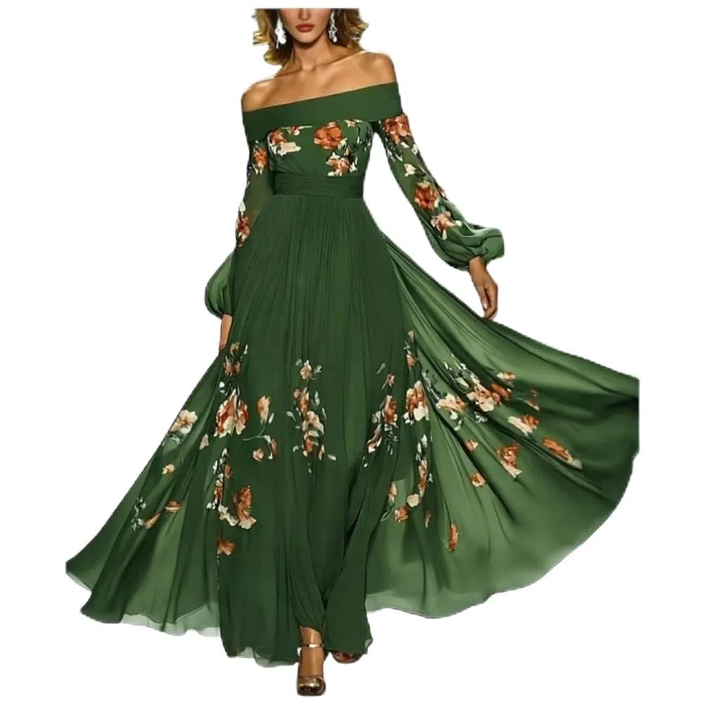 Minetom Donna Vestiti Lunghi da Matrimonio Elegante Collo V Vestito A Pieghe Stampa Floreale Chiffon Abito Maxi Damigella Sera Cerimonia