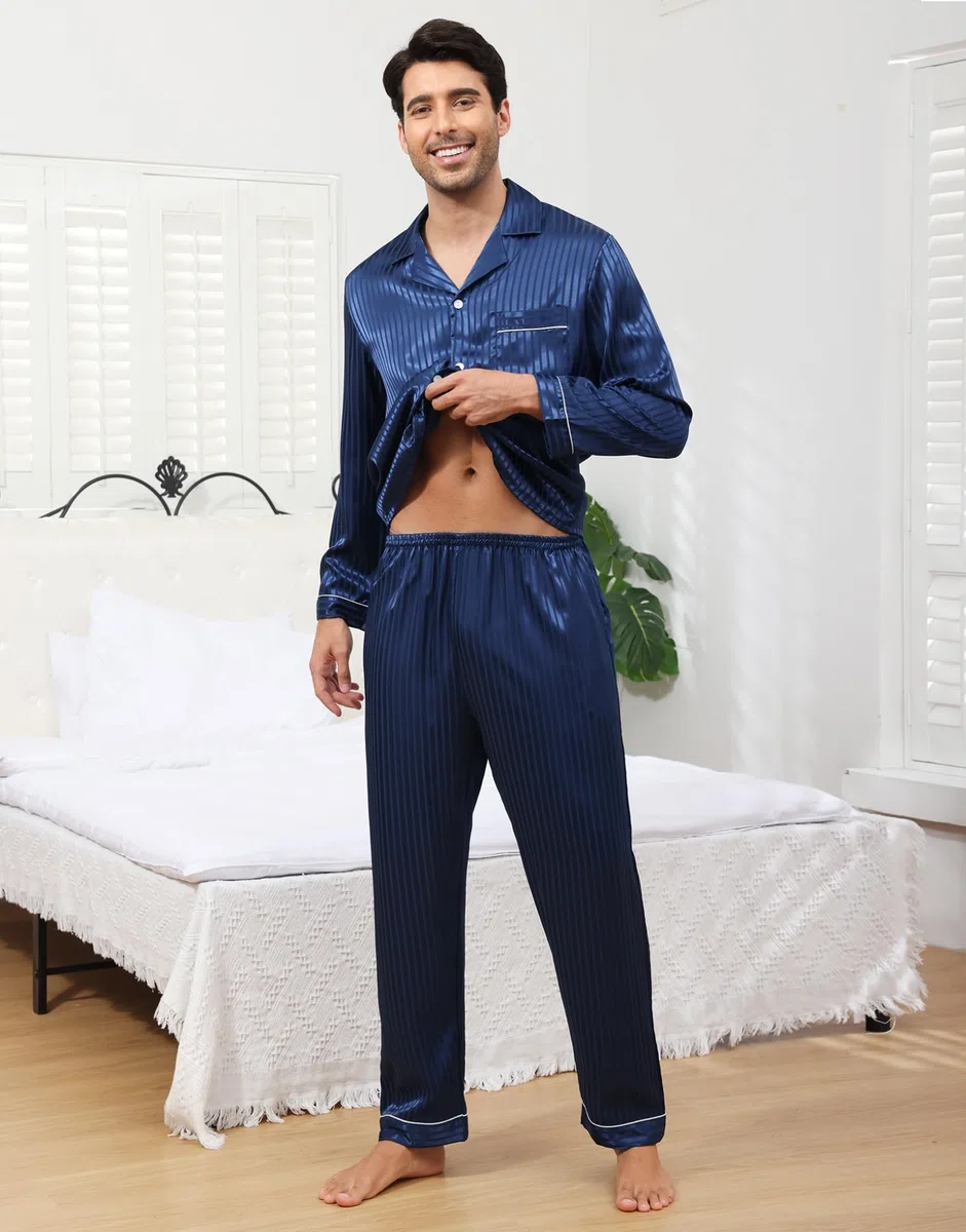 Pigiama da Uomo in Raso di Seta, Due Pezzi Set Completo con Camicia a Maniche Lunghe Bottoni e Pantaloni Eleganti con Tasche Abbigliamento Casa di Lusso
