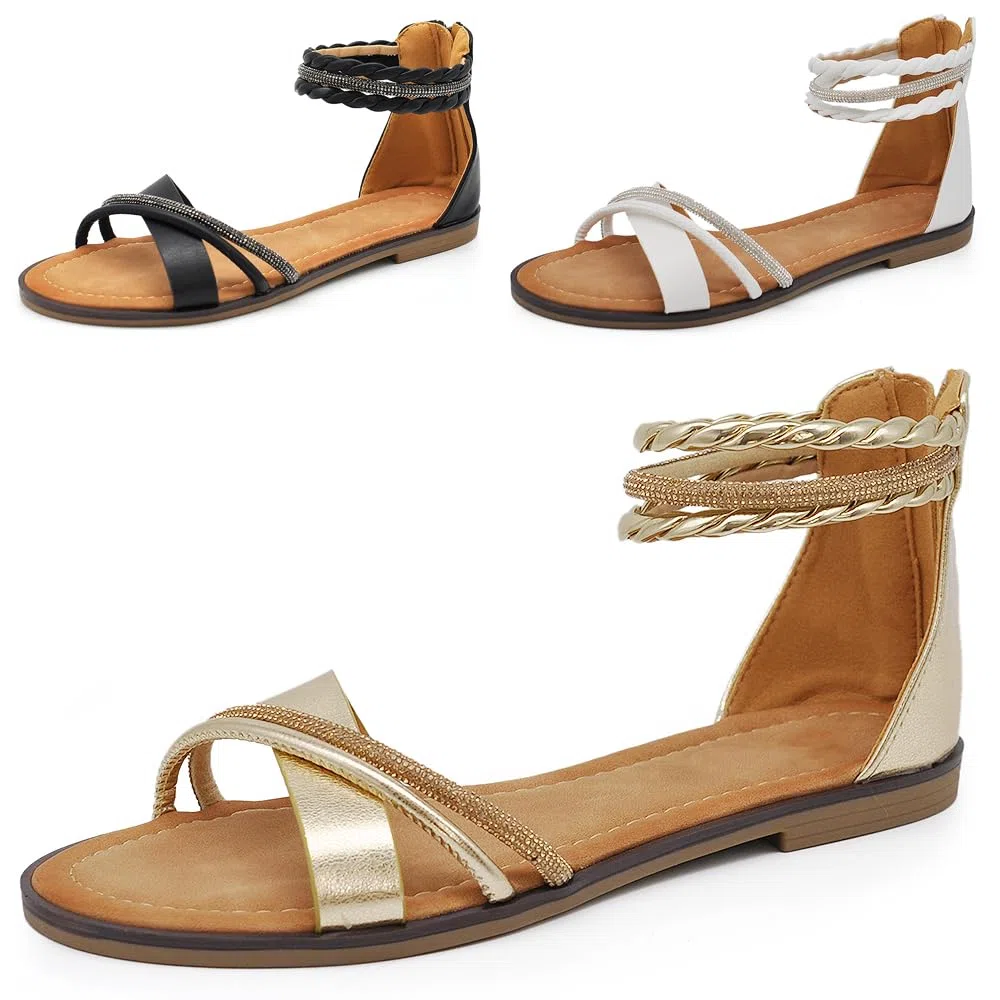 IF Fashion Scarpe Sandali Bassi Estivi da Donna Con Fasce Cinturino Strass Brillantini 6W9110 nero oro bianco