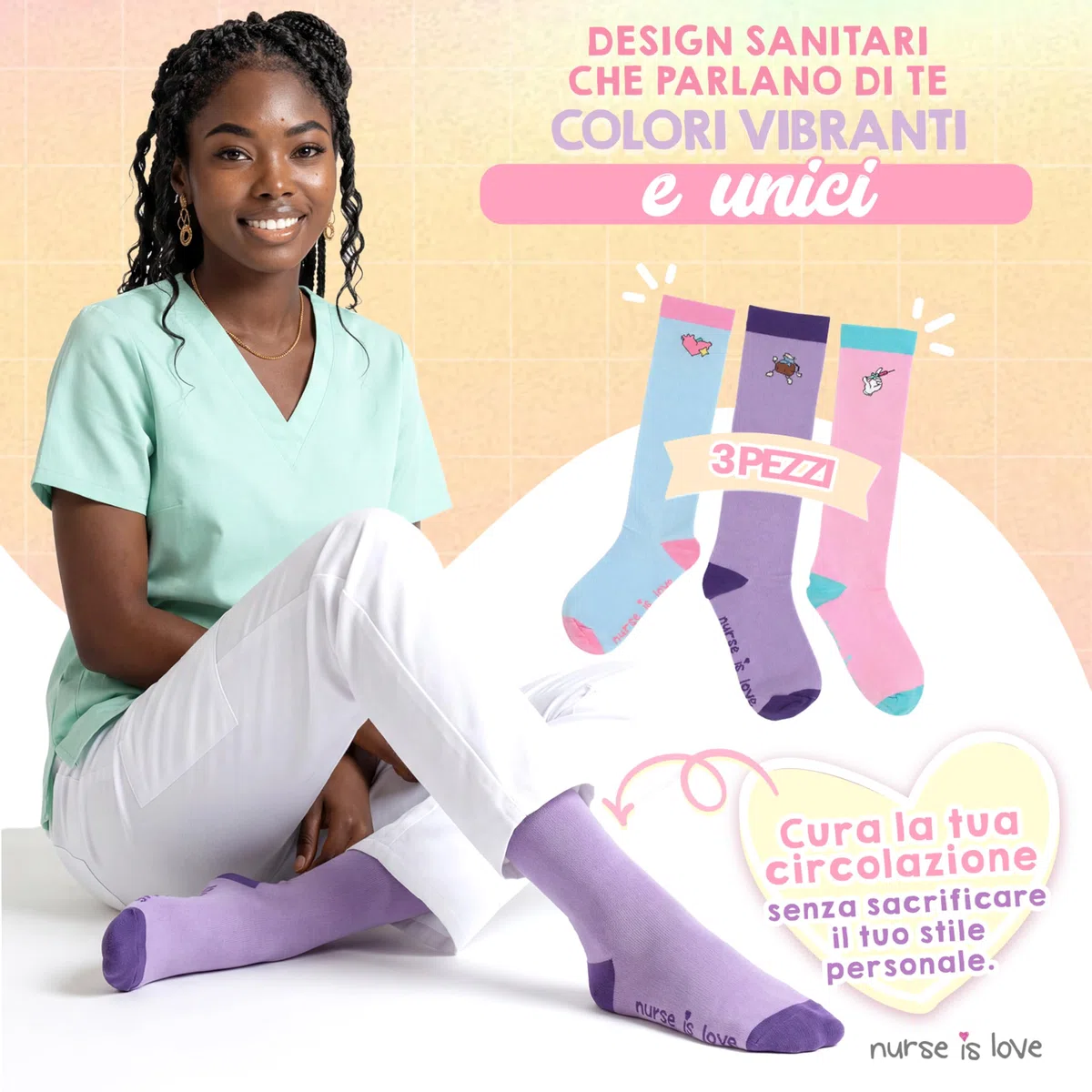 Nurse is Love. Calze Compressione Graduata Donna Per Infermiera Fantasia - Calze Antitrombo Donna OSS, Medici | 15-20 mmHg Cotone | Regalo Laurea - PT