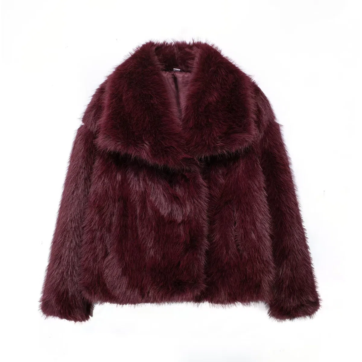 Giacca corta da donna in finta pelliccia a pelo lungo, con maniche lunghe e bottoni, calda, invernale, con tasche