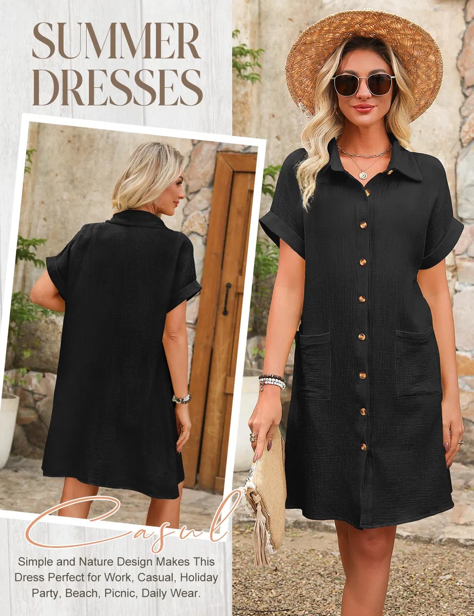 Abito Estivo Donna Vestiti Camicia con Bottoni Vestito Scollo a V Maniche Corte Casual Elegante Abiti Comodo Cotton Larghi Copricostume Spiaggia Mare con Tasche