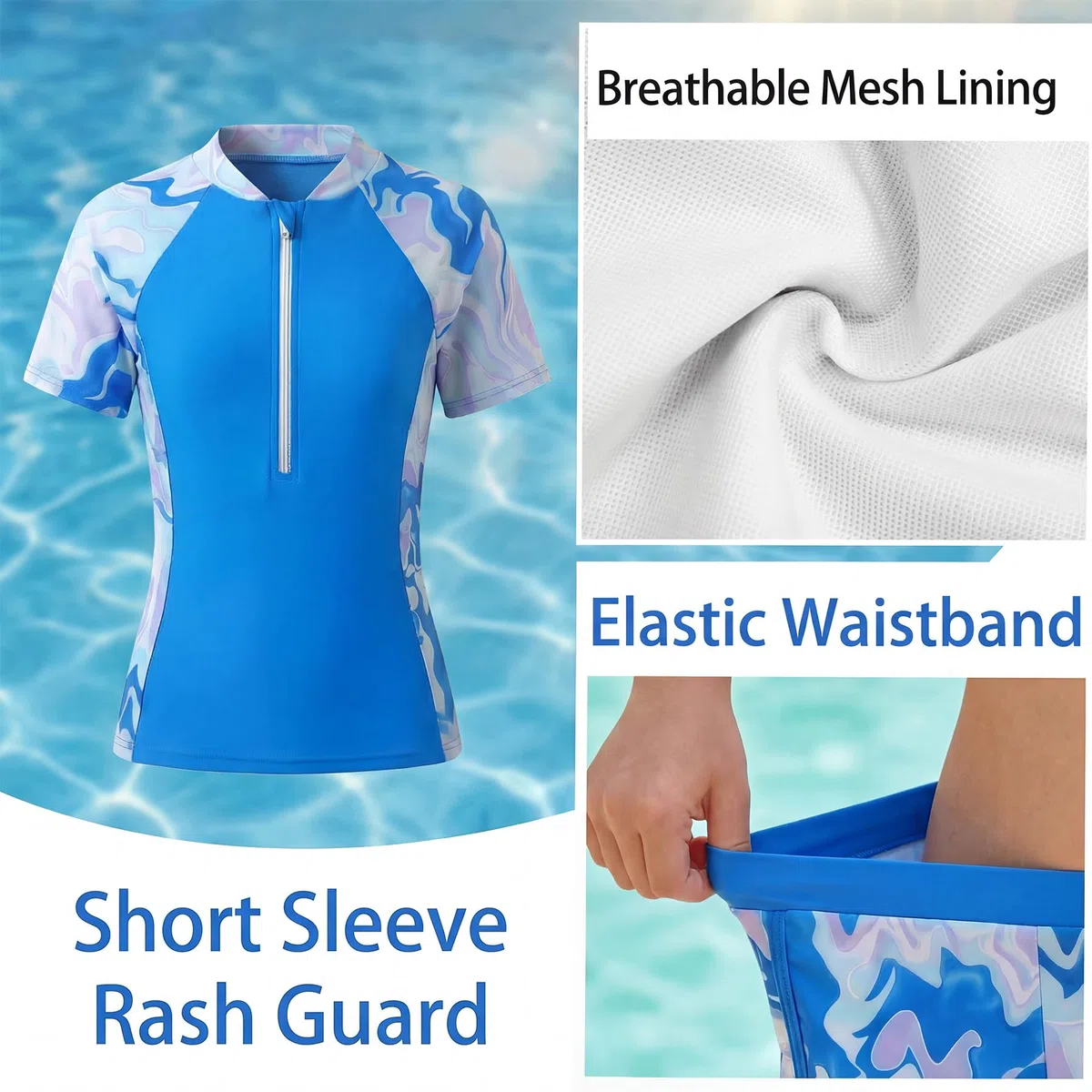 Costume da Bagno Ragazze 2 Pezzi a Manica Corta con Zip e Pantaloncini Morbidi, Stampa Floreale Rash Guard Protezione Solare Costume Piscina Spiaggia Nuoto per Bambini 5-14 Anni