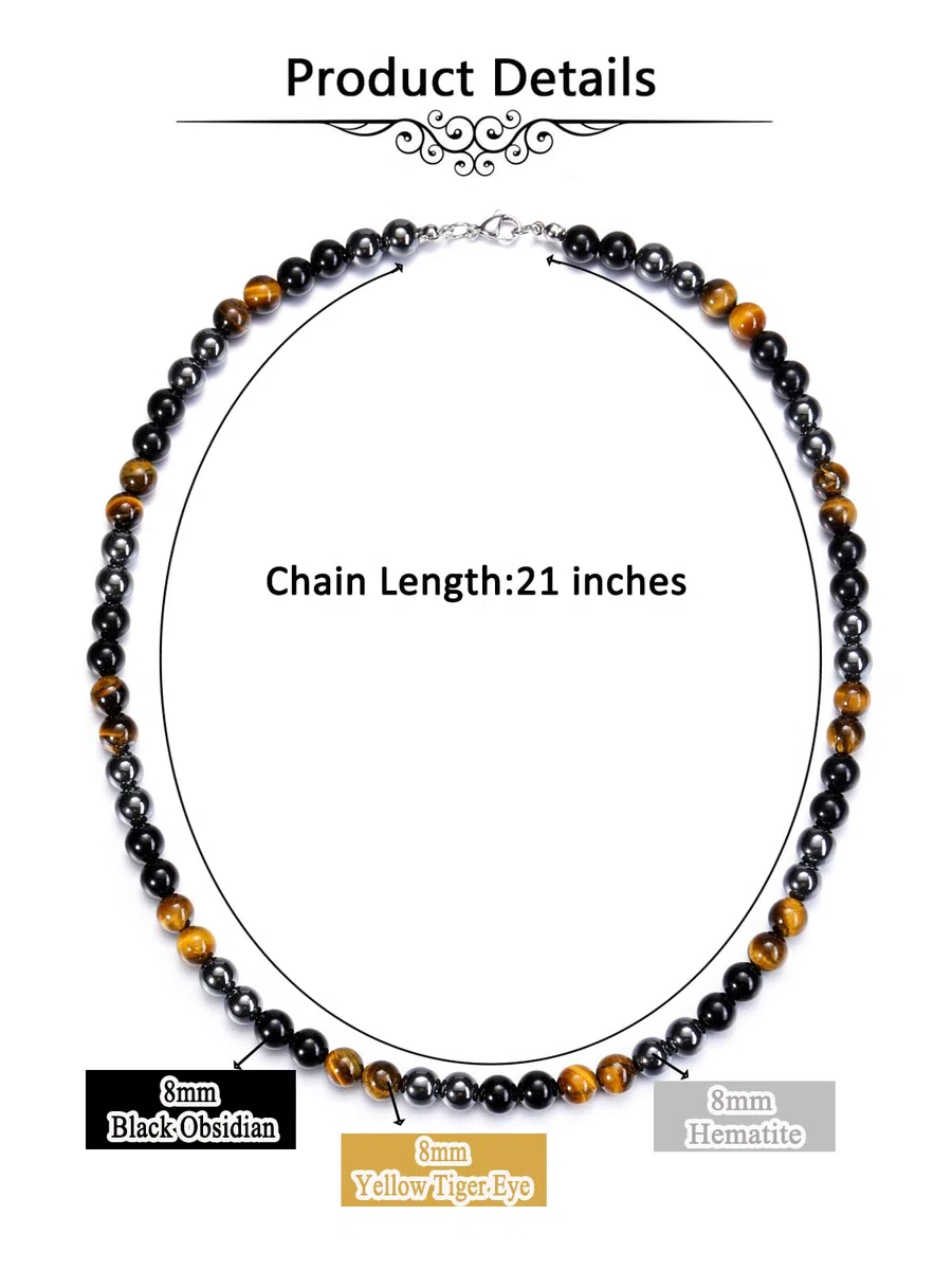 JSDDE Collana e bracciale tripla protezione in pietre e cristalli per uomo donna Parure gioielli protezione dall'energia negativa in pietre naturali occhio di tigre ossidiana ematite 8 mm