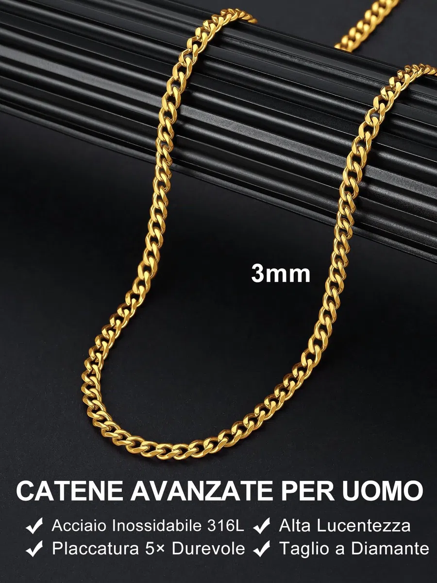 Suplight Collana Uomo Donna in Acciaio Inossidabile a Catena Maiglia Cubana Miami Colore Oro/Argento/Nero Larghezza 3/6/9 mm Lunghezza 36/46/51/56/61/66/71/76 cm Stile Hip Hop Punk