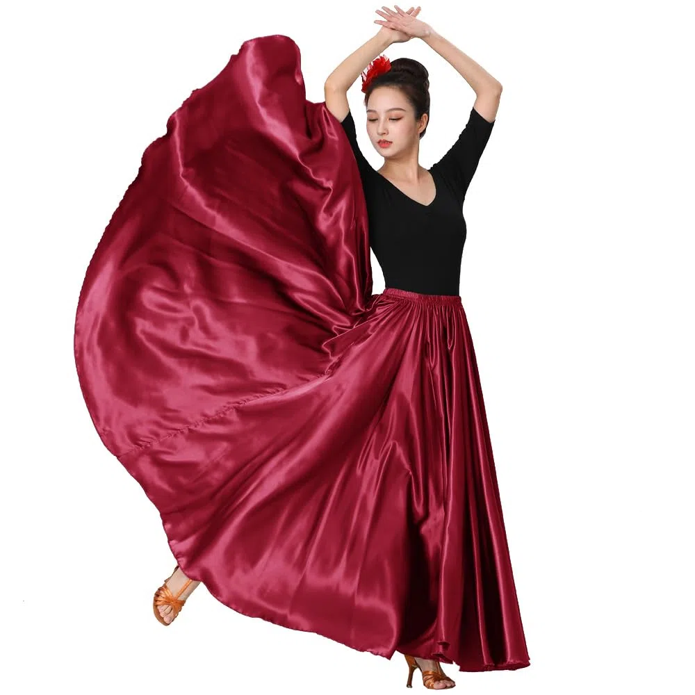 SANCAN, Gonna Lunga in Raso per Eventi di Danza, Natale, Cosplay, Feste in Costume da Donna - Rosso - Taglia Unica