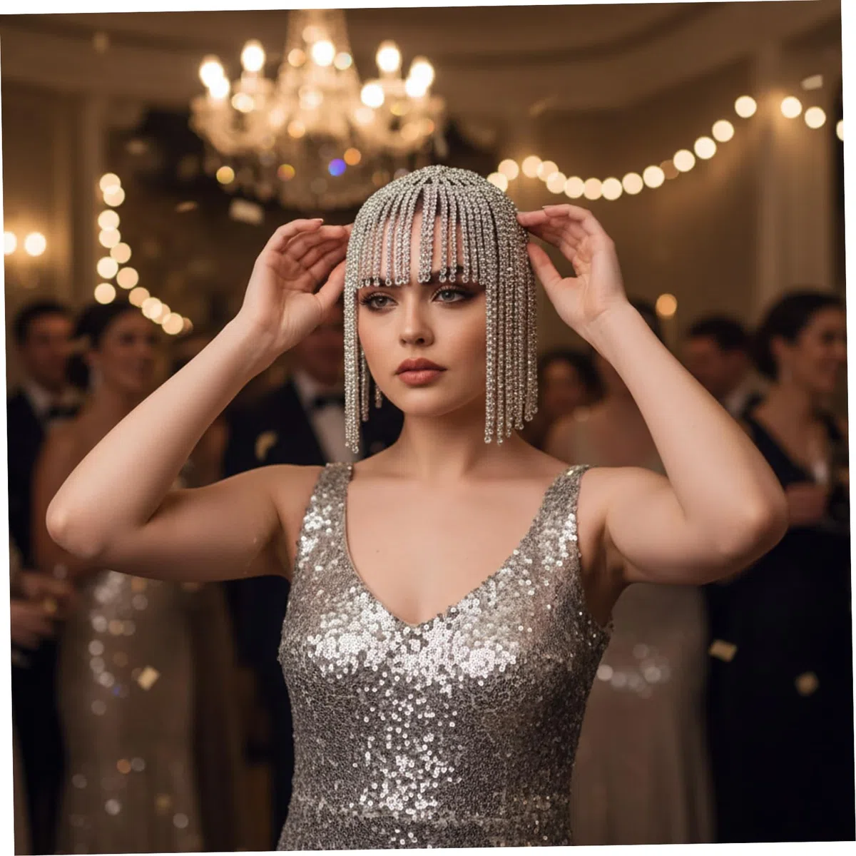 Catena di perline in argento, copricapo con strass Copricapo stile flapper in argento degli anni '20 con accenti di per feste e matrimoni, strass