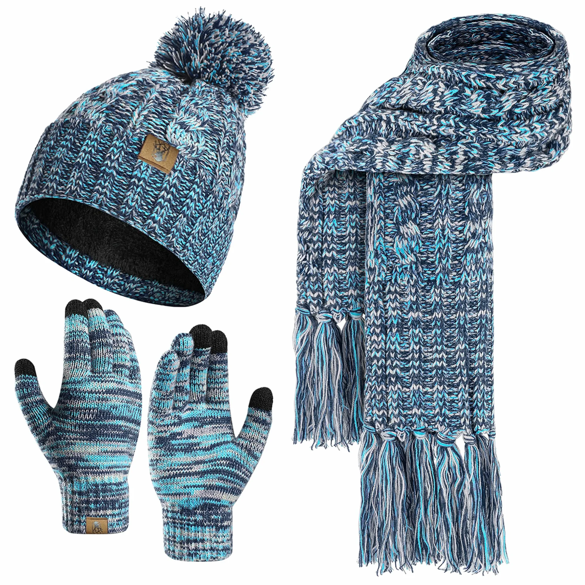 Cappello Sciarpa Donna Invernale e Guanti Touch Screen Invernali 3 Pz Berretto con Pompom e Sciarpa con Frange Guanti Termici