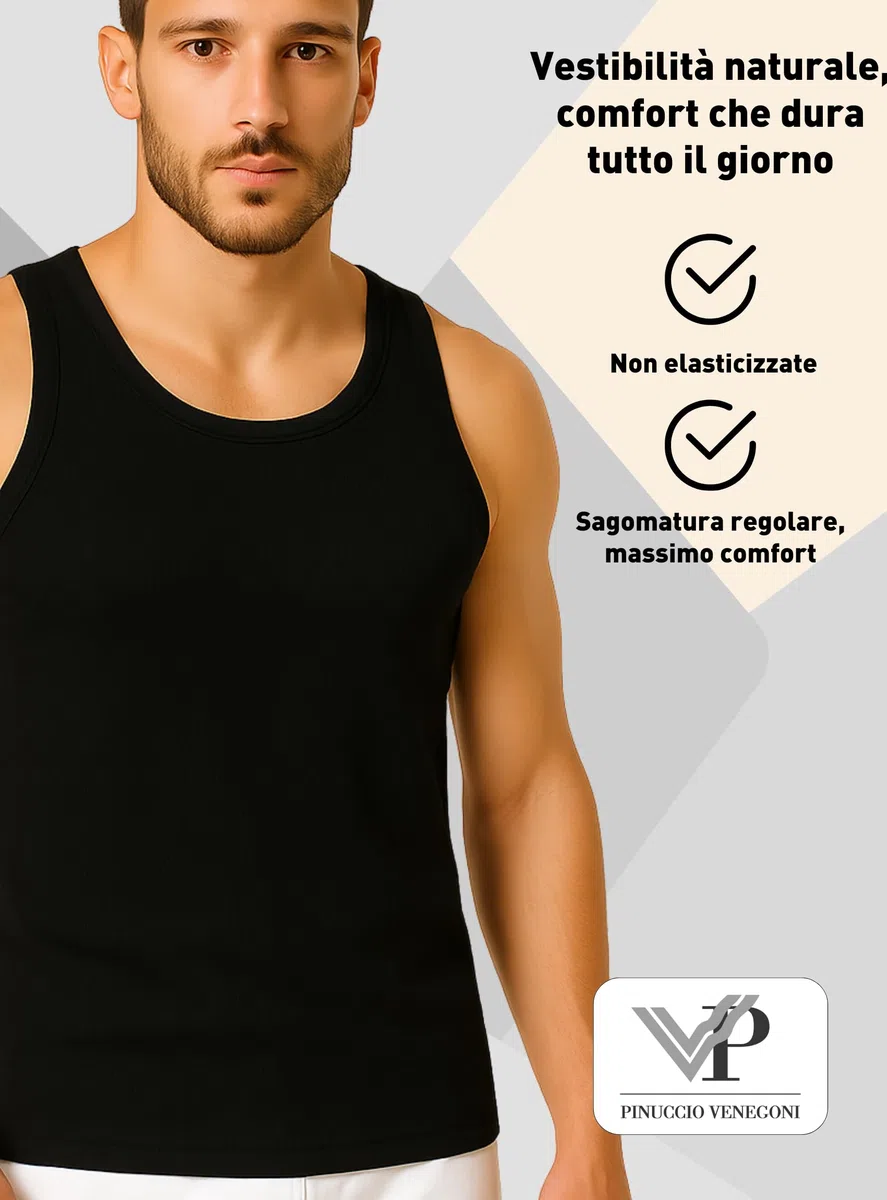 VP PINUCCIO VENEGONI - Set 3 Canottiere Uomo Cotone 100% Mercerizzato, Spalla Larga, Intimo Uomo Traspirante, Made in Italy