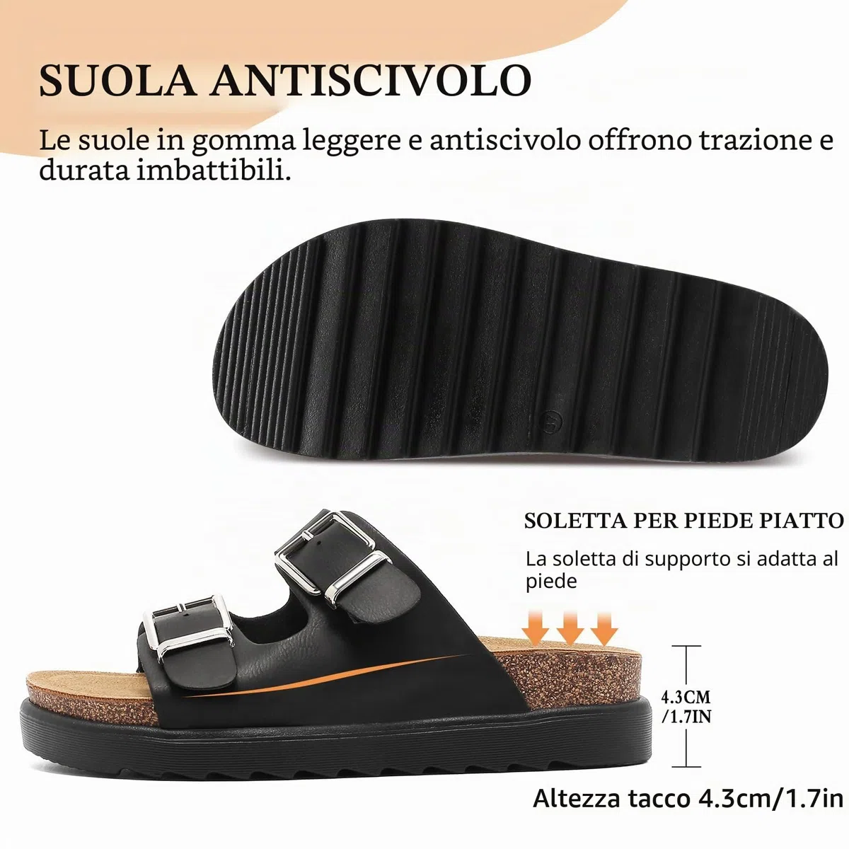 Sandali Donna con Sughero Estivi, Ciabatte con Doppia Fibbia Pantofole Morbide Slip-On, Comode Sabot da Casa con Suola Spessa