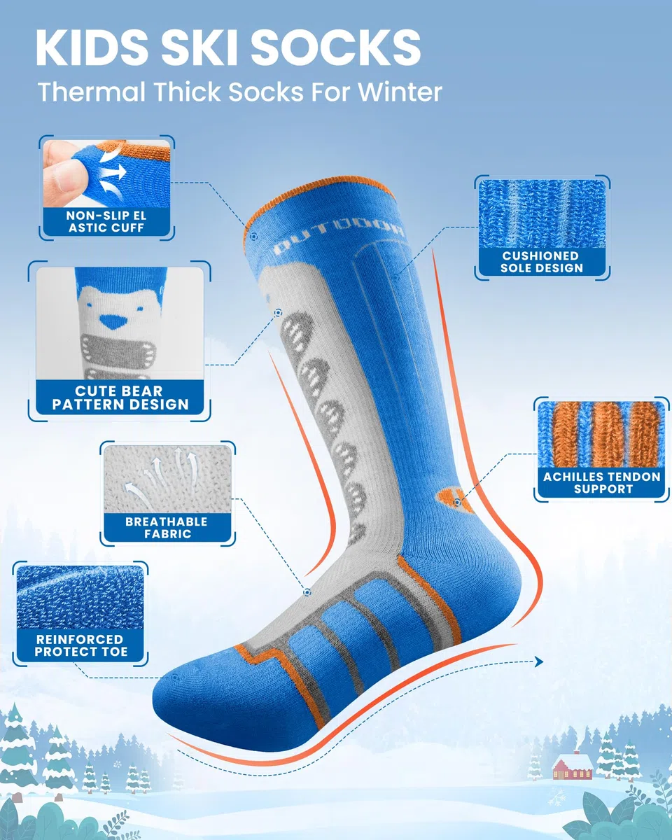 OutdoorMaster Calzini da Sci per Bambini, Confezione da 2 Calzini Termici a Compressione Invernale in Lana Merino con Ragazzi e Ragazze, Polsino Antiscivolo sopra Il Polpaccio per Sci, Snowboard