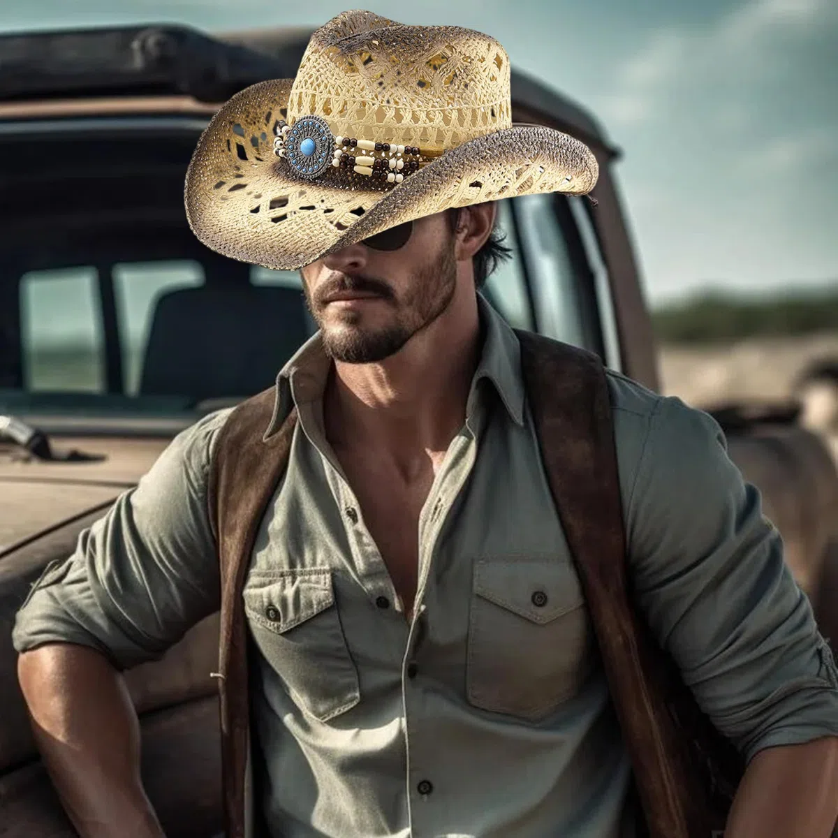 Cappello da Cowgirl in Paglia con Fasce Decorative, Cappello da Cowboy in Paglia Western con Tesa Modellabile per Donna Uomo Sole da Spiaggia
