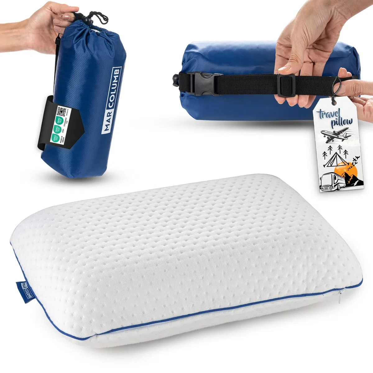Cuscino da viaggio – Supporto ergonomico per il collo da campeggio in memory foam con federa termoregolante – Borsa da viaggio impermeabile inclusa (Nero)