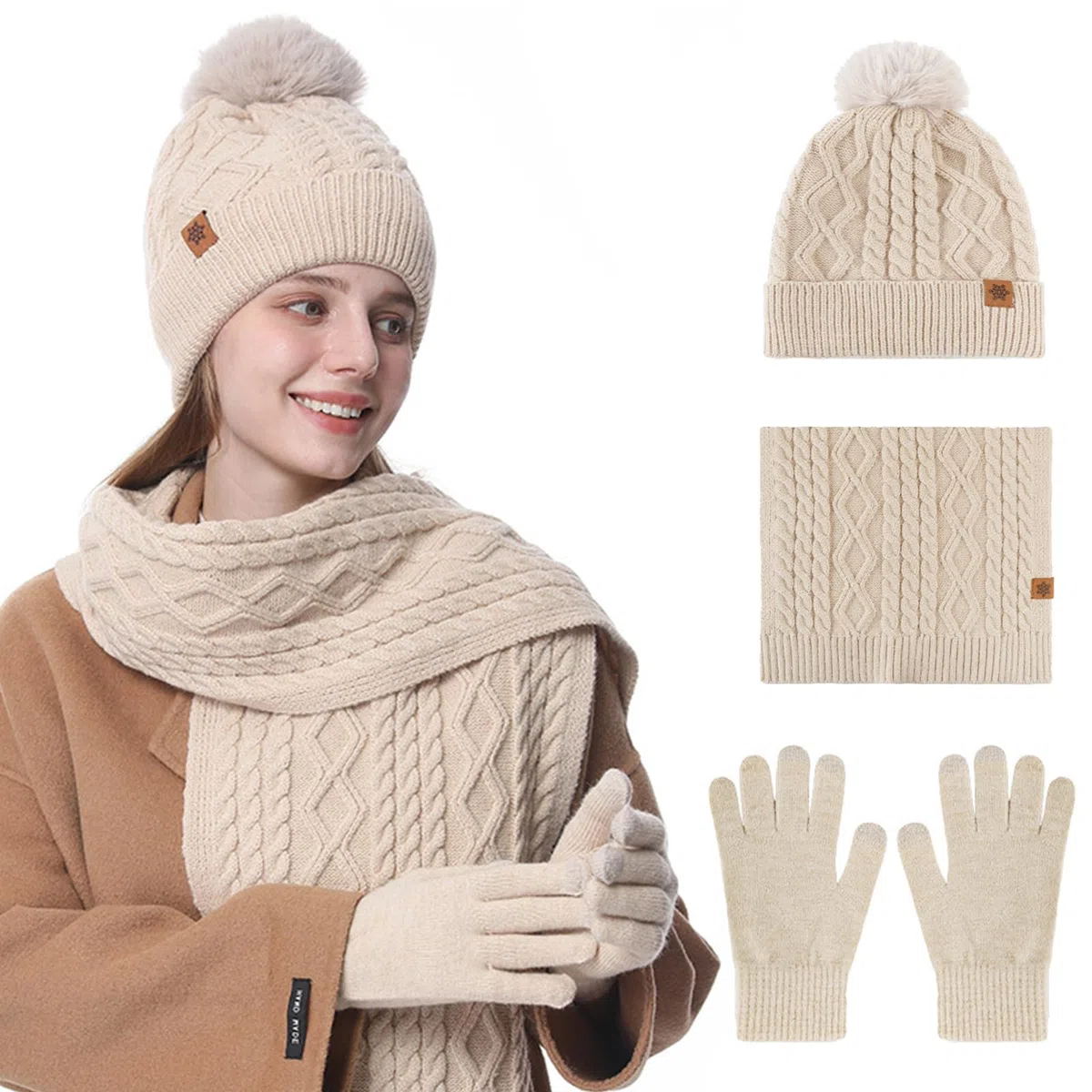 Oneshlee Berretto invernale con touch screen e sciarpa lunga per donna, berretto lavorato a maglia da donna, con palla di peluche, caldo berretto invernale, guanti a maglia, sciarpa, berretto 3 in 1,