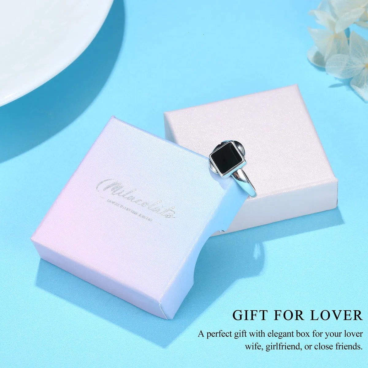 MILACOLATO Anello Argento 925 Regolabile per Donna Ragazze, Aperto Vintage Argento Nodo Celtico/Foglia CZ/Quadrato Smaltato Nero/Gioielli ad Anello a Dito Doppio Attorcigliato con Confezione Regalo