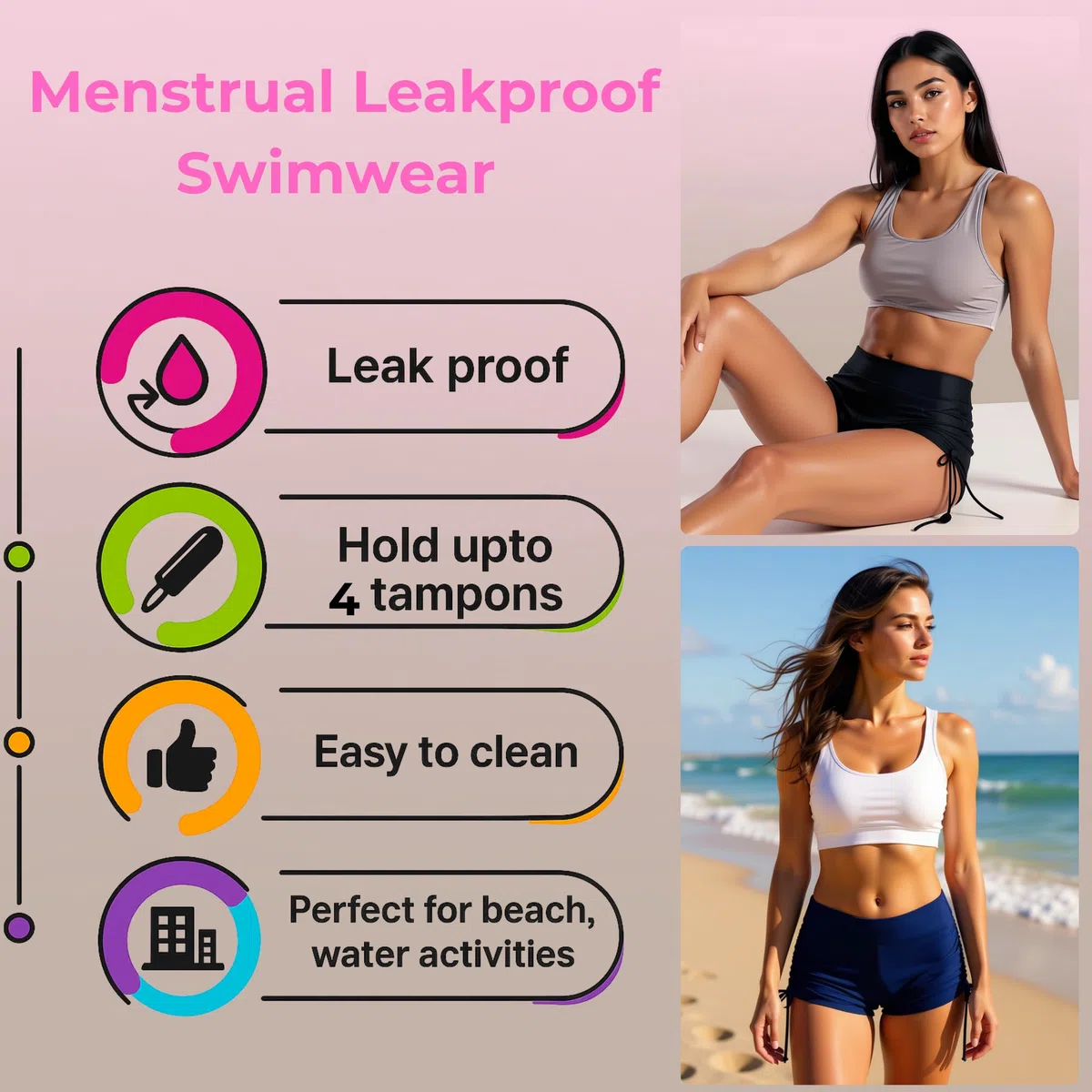 Costumi da bagno per donne e ragazze adolescenti, pantaloncini da bagno a tenuta stagna con pantaloni mestruali integrati, slip bikini neri a vita alta, costumi da bagno da donna per flusso intenso