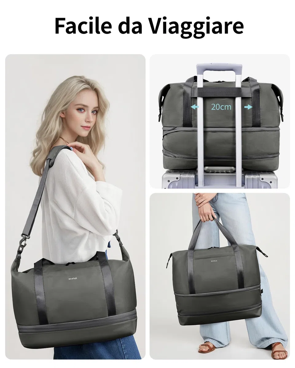 ECOHUB Borsone da Viaggio Pieghevole, Borsa da Viaggio Resistente All'acqua 40x30x20 Per Donna e Uomo, Bagaglio a Mano per Ryanair con Tasca Bagnata per Palestra, Aereo, Weekend, Verde