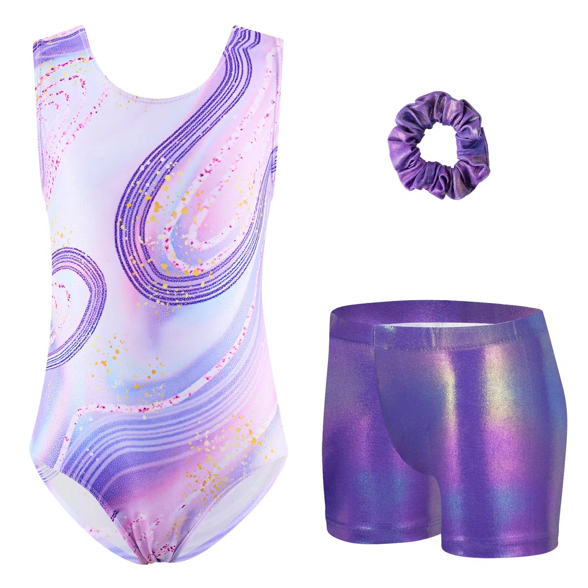Arshiner Body Ginnastica Bambina Set Danza Ritmica Artistica Tuta Sportiva Senza Maniche Shorts Metallizzati Fascia Capelli Elastico Abbigliamento Fitness Balletto Costume Spettacolo Bambina 3-10 Anni
