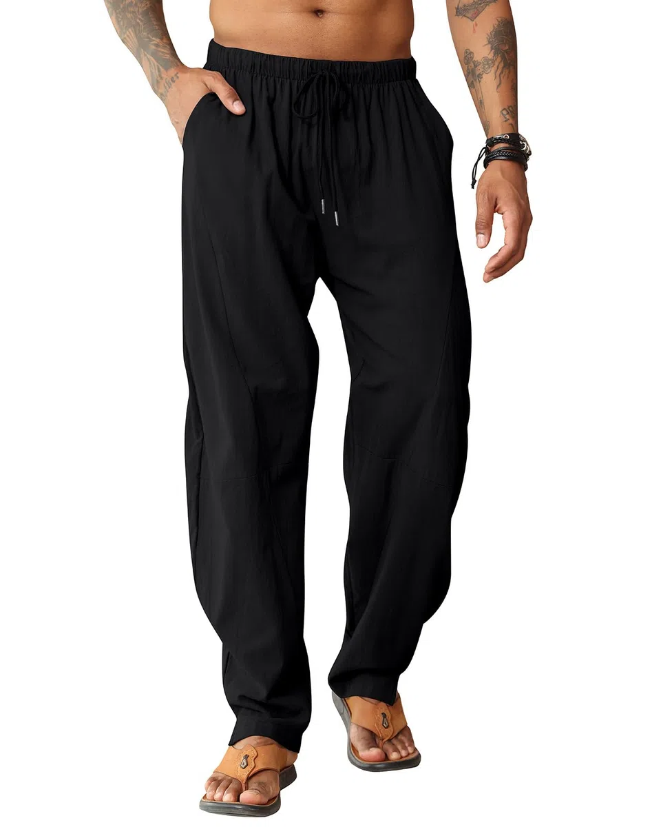 Pantaloni Uomo Lino Pantalone da Spiaggia Hippy Harem Pantaloni Elastico Cotone Estivi Lunghi Pantalone
