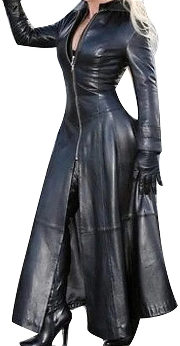 Abito da donna in pelle PU, a maniche lunghe, elegante, a matita, per cocktail, feste, serate, in lattice, effetto pelle laccata
