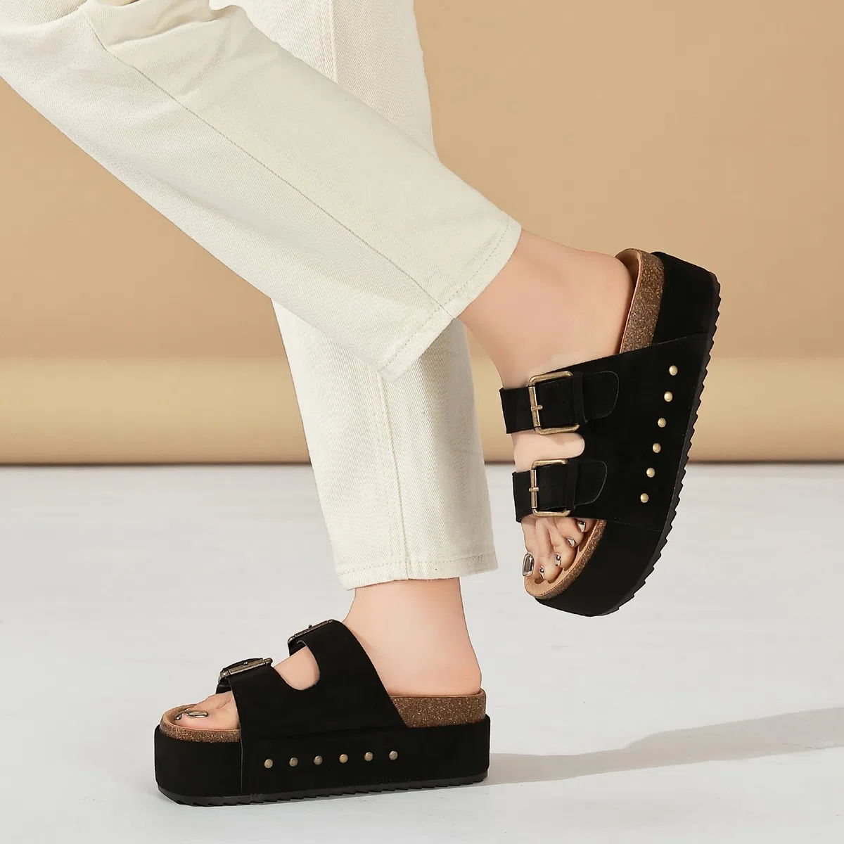 Ciabatte Donna Estive Sandali Sughero Plantare Doppia Fibbia Moda Mules Clogs Sandali Antiscivolo Gomma Suole Pantofole Spiaggia Scarp Comfort da Casa
