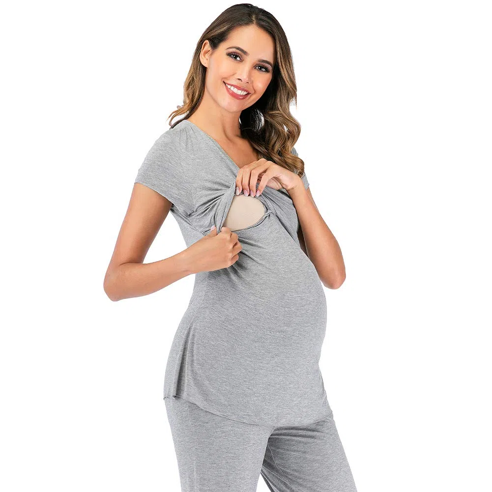 rismart Due Pezzi Pigiama Premaman Donna Camicia da Notte Allattamento Maniche Corte Magliette e Pantaloni Set