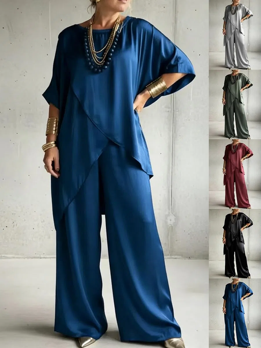 shownicer Completo Donna Elegante Raso Tuta Estivo 2 Pezzi Set Maniche Corte Top E Pantaloni Curvy Completo Due Pezzi Set Completi Tute