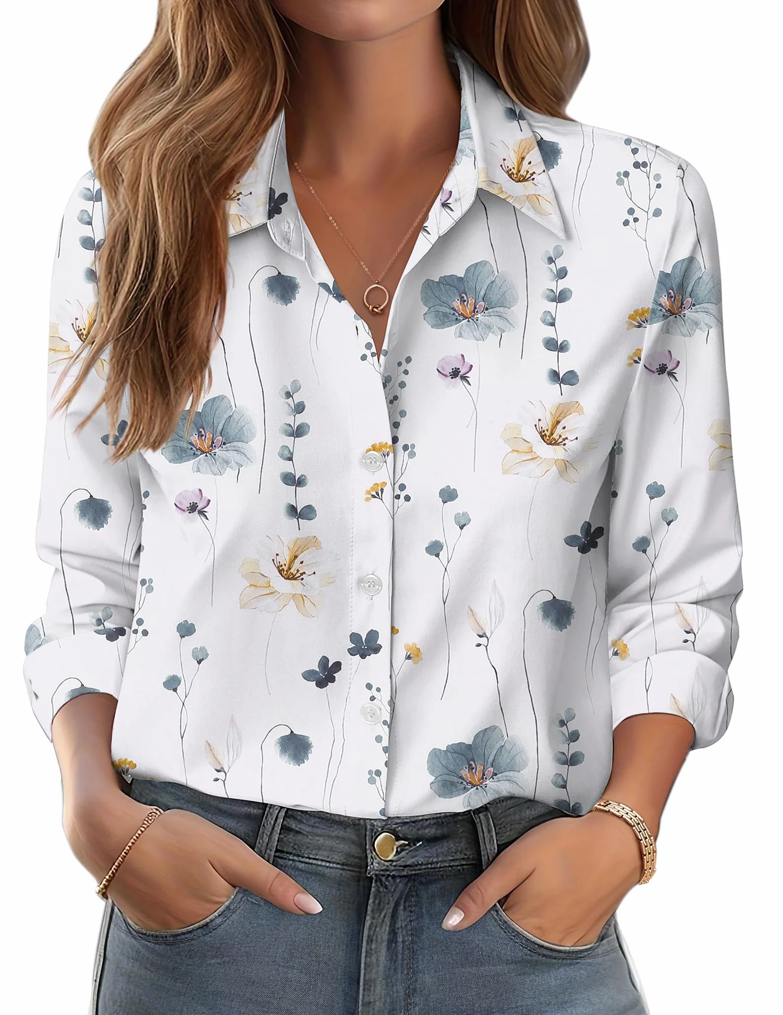 Zeagoo Camicia Donna Lunga Elegante Blusa Manica Collo Alto Fiore Camicia Button-Down Camicia Primaverile Estiva Business Camicie Basic Senza Stiro Top