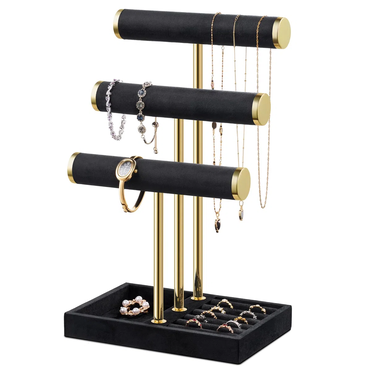 Josmimic Portagioie a 3 Ripiani - Espositore Nero per Bracciali, Espositore Rimovibile con Barra a T, Portabracciali in Velluto, Portagioie per Bracciali, Collane, Orologi, Anelli