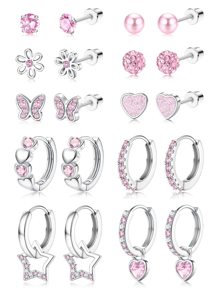 LOLIAS 10 Pairs Orecchini Bambina Anallergici In Acciaio Chirurgico, Set Orecchino Cerchio Ipoallergenico Perla Cuore Farfalla Fiore Stella Orecchini per Bimba Ragazza Donna (Rosa/Multicolore)