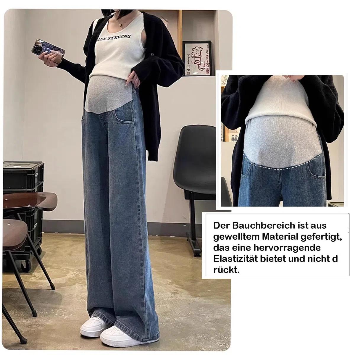Jeans da donna incinta con design a gamba larga, cintura regolabile e tasche su entrambi i lati, eleganti ed eleganti, pratici per tutti i giorni e il lavoro