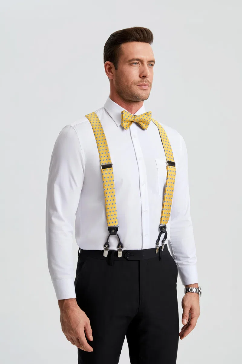 HISDERN Paisley Bretelle per uomo con molto forte 6 clip Bretelle Heavy Duty Bretelle regolabili in stile Y Papillon e fazzoletto da taschino Set
