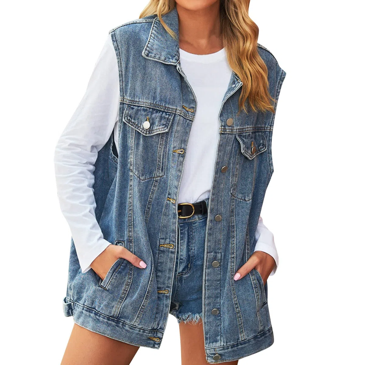 Gilet lungo in jeans, da donna, senza maniche, oversize, boyfriend, denim, per la transizione, per il tempo libero, estivo, per il tempo libero
