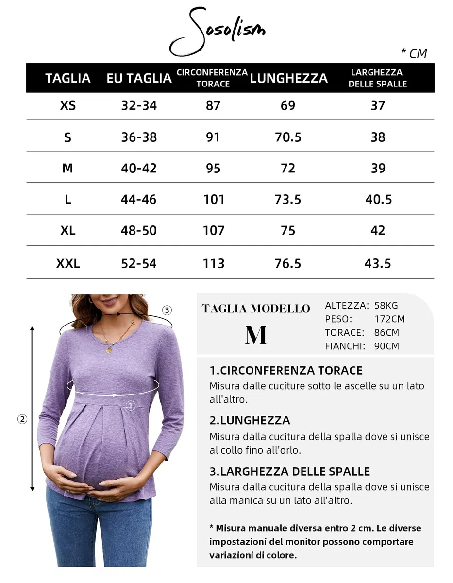 Sosolism Tops Premaman Donna a Maniche 3/4 con Pieghe Frontali Collo Rotondo Tshirt maternità Peplum Magliette Gravidanza