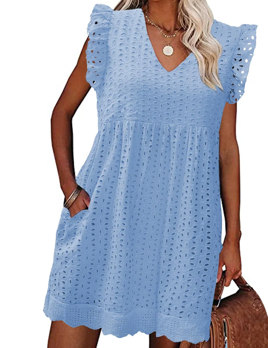 heekpek Abito Estivo Donna Cotone Scollo a V Vestito Corto Donna Senza Maniche con Volant Comodo e Leggero Abiti Jacquard Casual Abito Mare da Spiaggia con Tasche