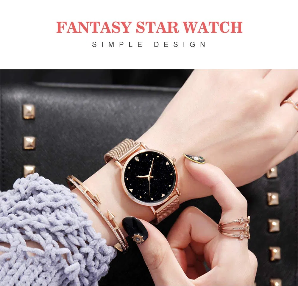 Orologi da donna ragazze, da polso al quarzo analogico Impermeabile 3ATM con cinturino in maglia di acciaio inossidabile oro rosa con quadrante blu con cielo stellato