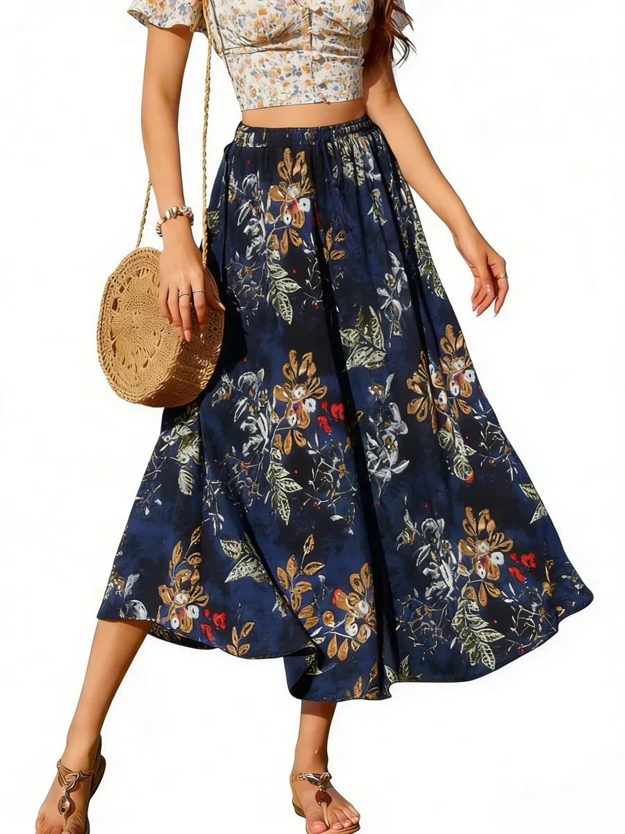 Lunghe Gonne Donna Elegante a Vita Alta Maxi Gonna con Coulisse Casual Trapezio Gonne Elastiche Skirt A Trapezio Gonne da Spiaggia