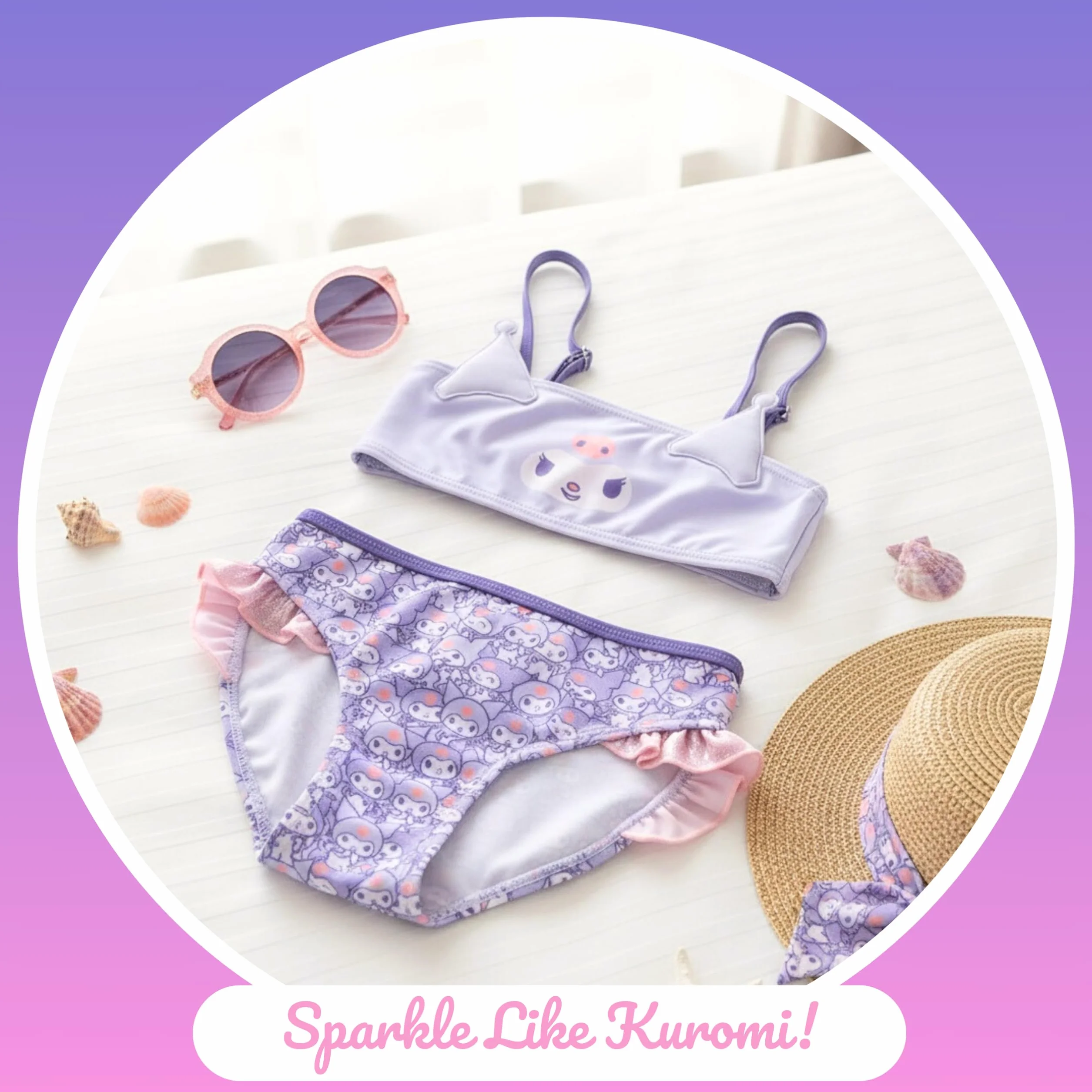 Hello Kitty Kuromi - Bikini da bambina, motivo glitterato, a due pezzi, estivo, per bambini, taglie 4-10 anni