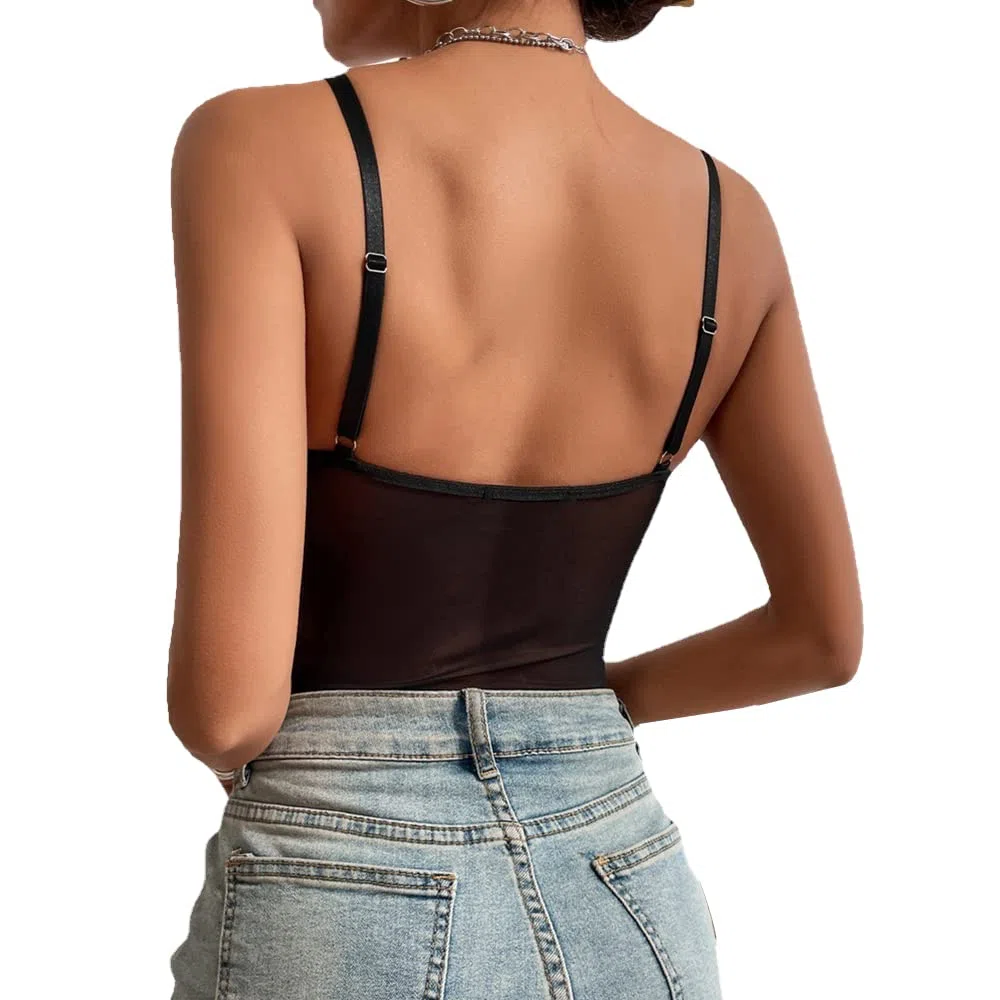 Body da Donna Sexy Spaghetti Cinturino Mesh Bodysuit Collo Quadrato Patchwork a Rete Trasparente Jumpsuits Elasticizzato Senza Maniche Going Out Leotard Top