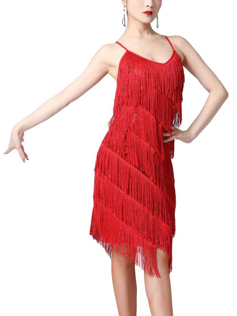 Freebily Abiti da Ballo Donna Senza Maniche Tango Latin Jazz Paillettes Nappa Abito Vestito Vestiti da Latino Americano Frange Lustrino Vestiti da Rumba Salsa Samba