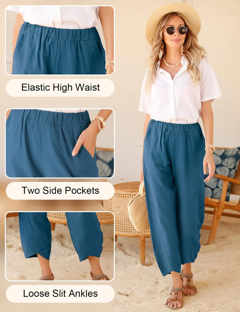 Yuson Girl Pantaloni estivi da donna, in lino, estivi, in cotone, casual, 7/8, per il tempo libero, pantaloni capris, elasticizzati, a vita alta, pantaloni in lino, leggeri, con tasche