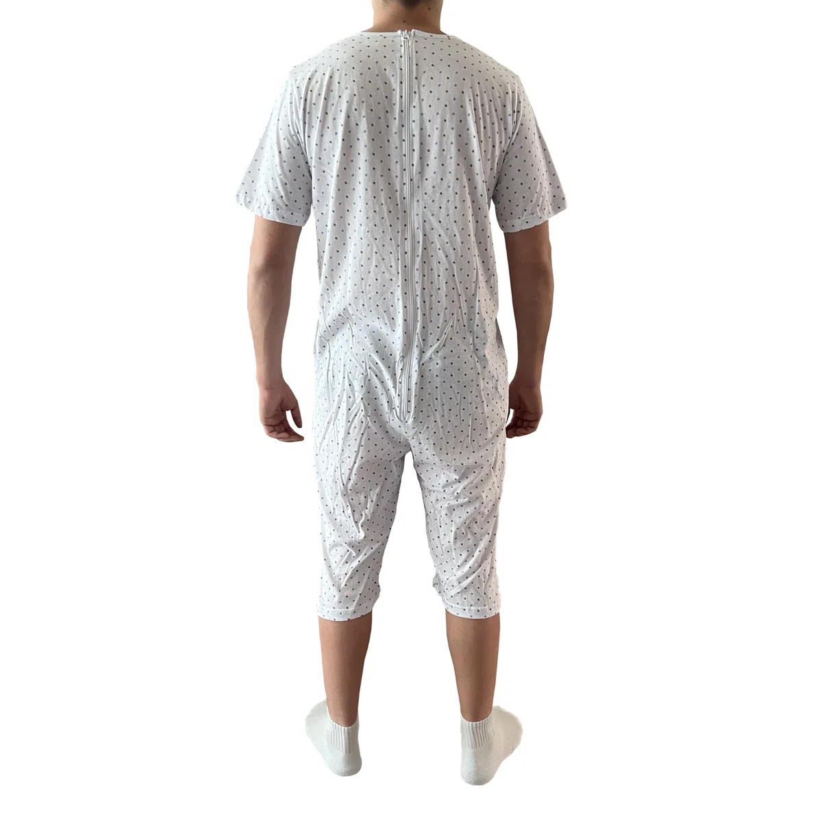 Pigiama Sanitario Uomo Estivo Anziani Maniche Corte E Pantaloncino, Tutone Cerniera Posteriore, Chicchi caffè Cielo e Grigio