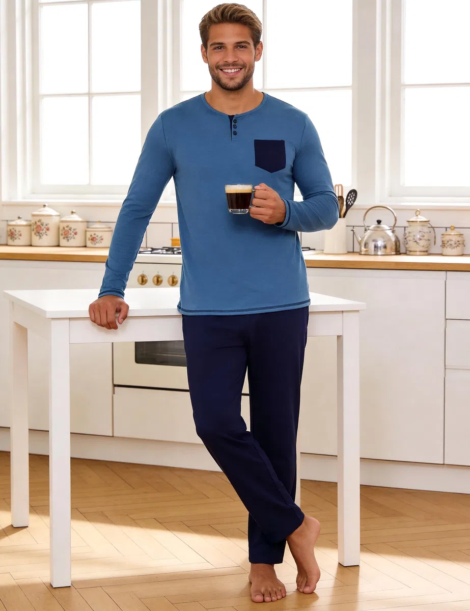 Bresdk Pigiama Invernale Uomo Cotone Lungo Abbigliamento da Casa Pigiami Lunghi con Bottoni Maglia Henley a Maniche Lunghe