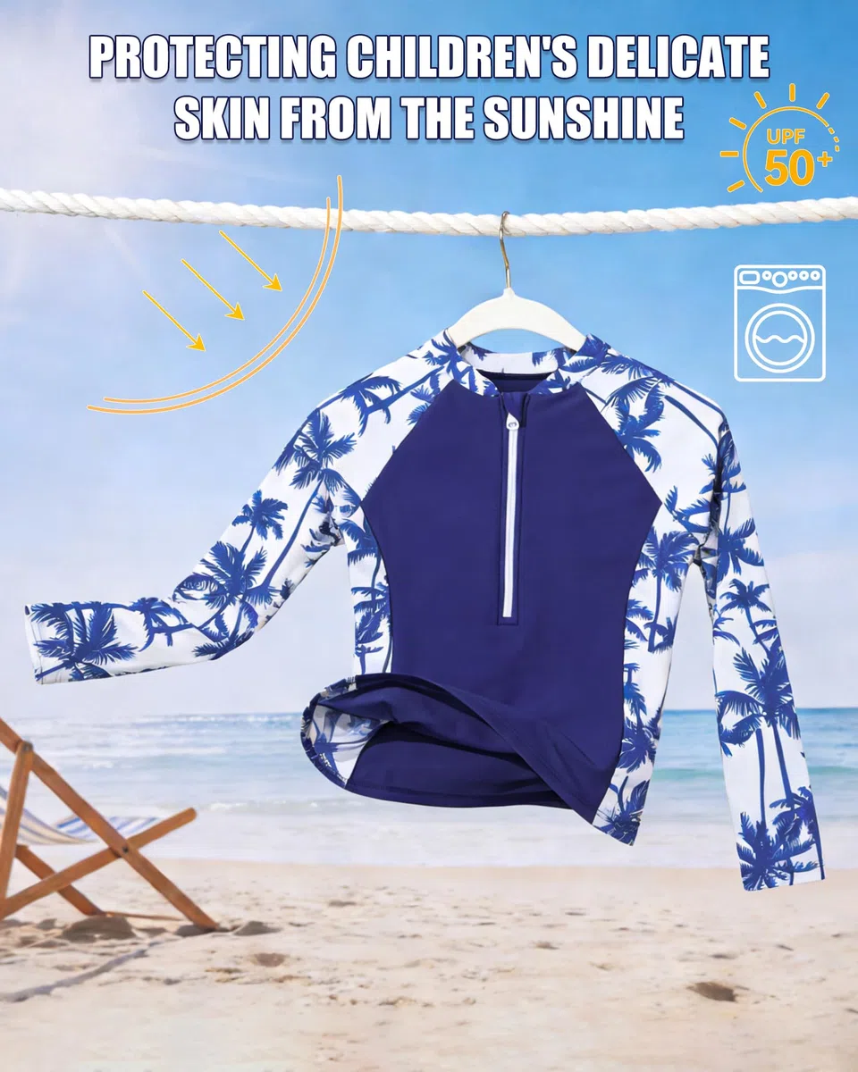 Costume Piscina Bambina Due Pezzi a Maniche Lunghe Anti-UV Set Rash Guard Piscina con Coppette Rimovibili per Ragazze