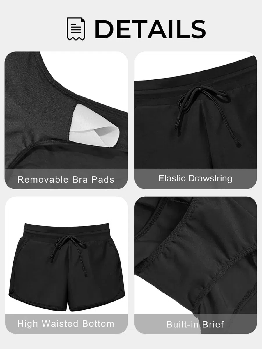 Yutdeng Tankini Donna Mare Costume da Bagno Due Pezzi Modest Tankini Set Canotta Top Bikini Push Up e Pantaloncini da Bagno con Tasche Costumi da Bagno Sportivi Swimwear da Spiaggia