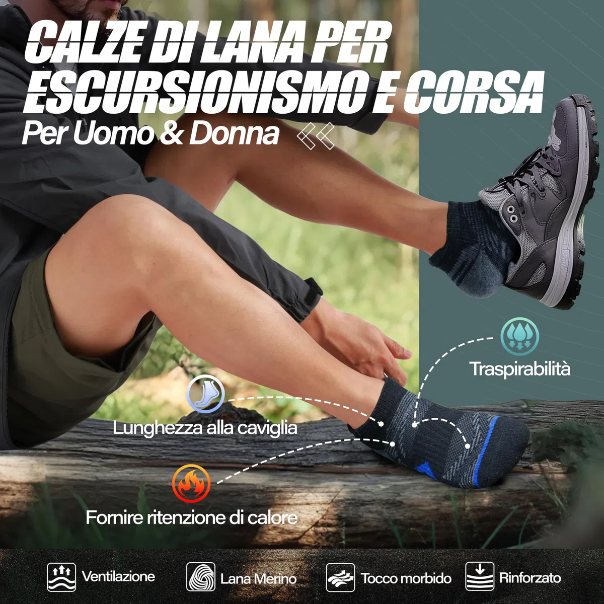 ANTSANG 6 Paia Calzini Lana Merino Caviglia Trekking Corsa Spessi Imbottiti Traspiranti Uomo Donna
